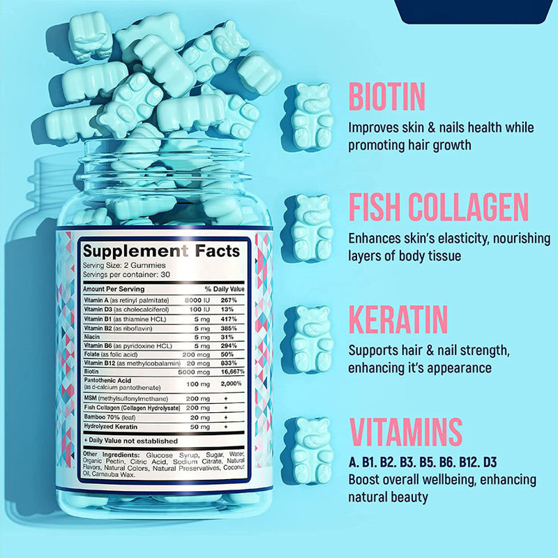 Oem Private Label Organico Vegano Starburst Gomma Dolci Crescita dei Capelli Unghie E Cura della Pelle Vitamine Collagene Biotina Gomme
