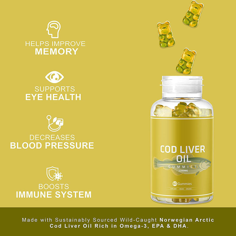 Olio di fegato di merluzzo biologico gomma di olio di pesce gomma ricca di omega-3, Epa Dha, vitamine