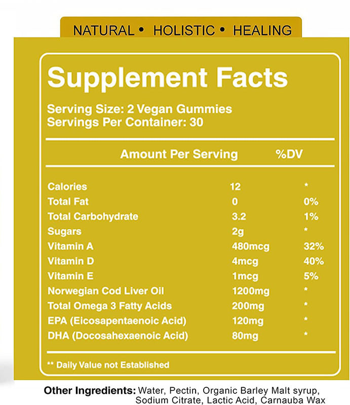 Olio di fegato di merluzzo biologico gomma di olio di pesce gomma ricca di omega-3, Epa Dha, vitamine